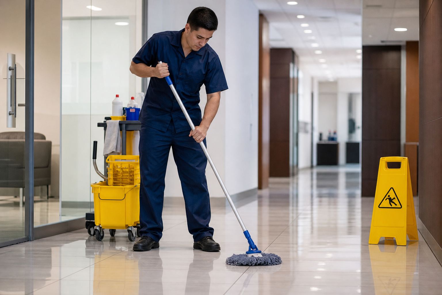 Janitorial worker mopping hard floor surfaces in a commercial building